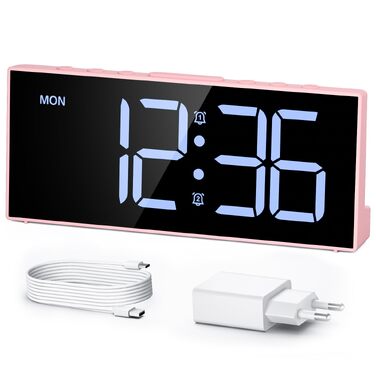 Цифровий будильник LATEC з 2 сигналами, функцією Snooze та USB-портом, 4 рівні яскравості, регулювання гучності, мережеве живлення (Рожевий)