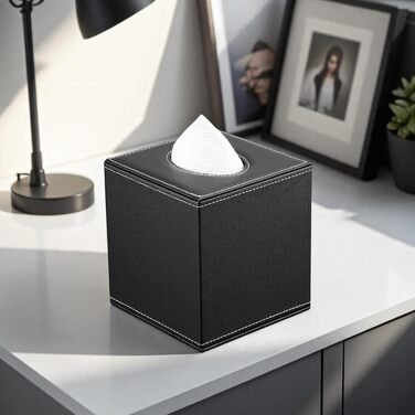 KINGFOM Скляна коробка для серветок, шкіряна, квадратна | Коробка для серветок у ванну, авто, офіс, спальню (Чорний)