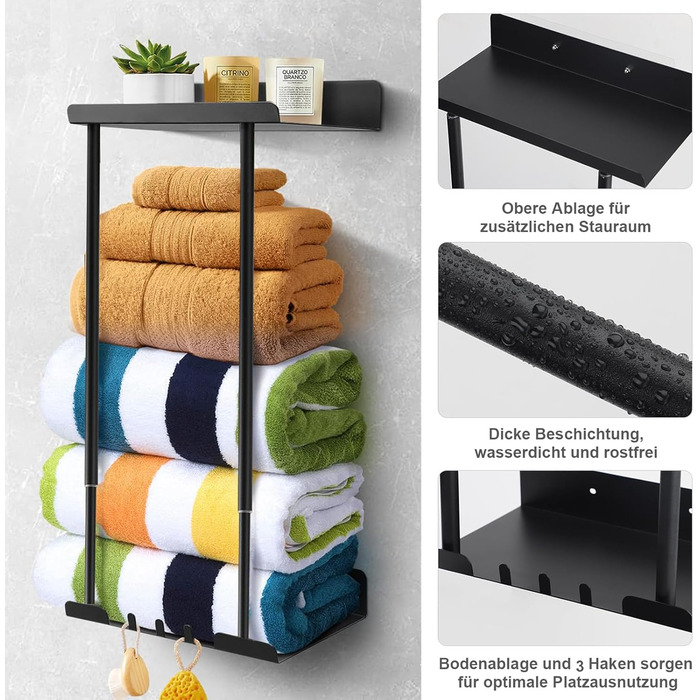 Тримач для рушників без свердління, висувний, чорний. Регульована ширина 38-75 см, з полицею для зберігання. Для ванної кімнати.