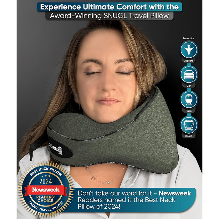 Подушка для шиї SNUGL з піною з пам'яті, миюча та регульована | М'яка подушка для шиї для подорожей на літаку, автомобілі та в дорогу | Подушка-вирязка для шиї, Neck Travel Pillow (дорослий, маленький, світло-зелений)
