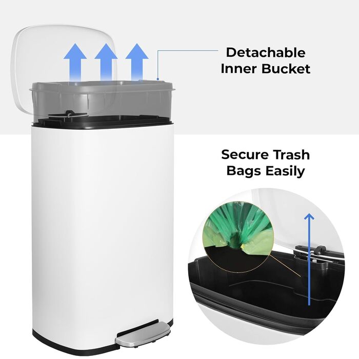 Відро для сміття LIFERUN 30л з кришкою, з м'яким закриттям, сталеве, з внутрішнім відром, для кухні, ванної кімнати, офісу
