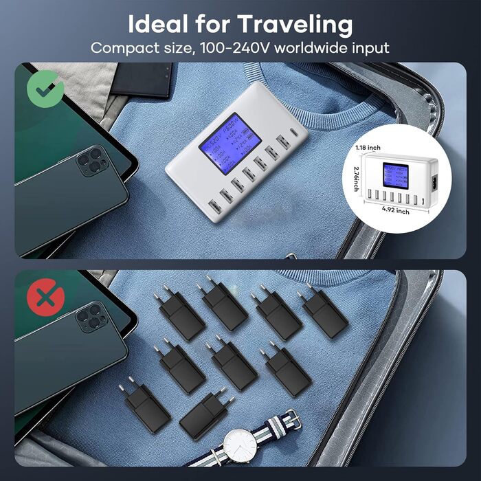 Зарядний пристрій USB 60W, 8 портів, USB-C з LCD дисплеєм для iPhone, iPad, Android, Samsung, Huawei, планшетів, Kindle (білий)