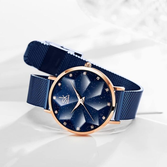 Жіночий наручний годинник SHENGKE Luxury: стильний дизайн, сталевий міланійський плетіння (синій колір)