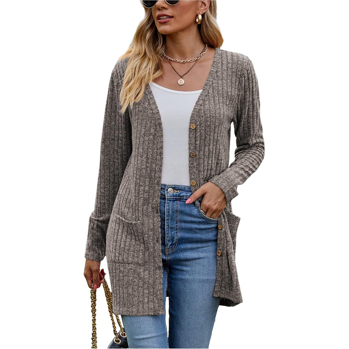 Кардиган жіночий з довгим рукавом Famulily, відкритий ззаду, V-подібний виріз, легкий, з кишенями (L, Кофе)