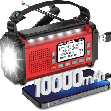 Радіоприймач PRUNUS J-924D: Цифрове DAB+/UKW радіо, радіоприймач для надзвичайних ситуацій з акумулятором 10000mAh, Bluetooth, ліхтарик, SOS-сигнал, зарядка для телефону. (Зелений/Червоний)