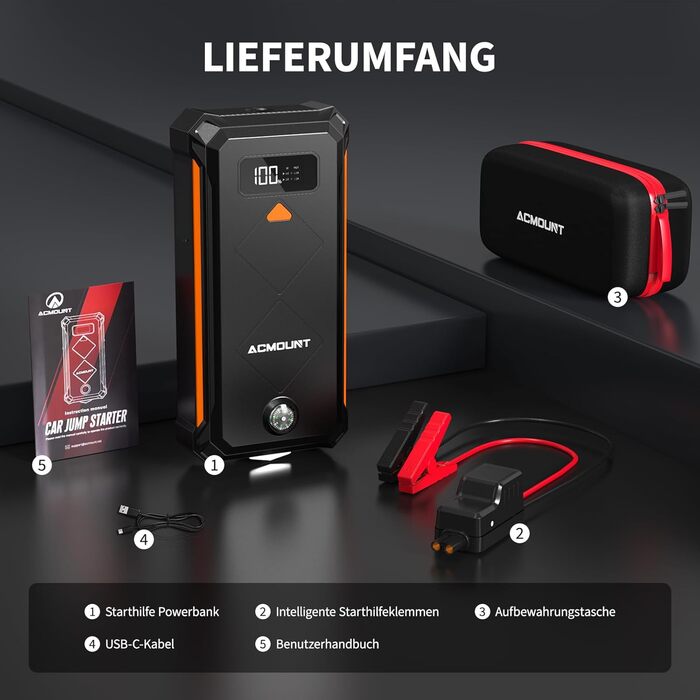 Powerbank для автомобіля Starthilfe 7000A 23800mAh помаранчевий - пусковий пристрій, зарядний пристрій, ліхтарик LED для авто, мото, бензин/дизель
