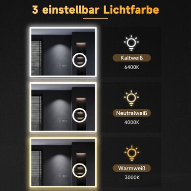 Дзеркало для ванної кімнати SONNI з підсвічуванням 80x60 см, 3 кольори світла, проти запотівання, LED, сенсорна кнопка, годинник, температура, 3-кратне збільшення