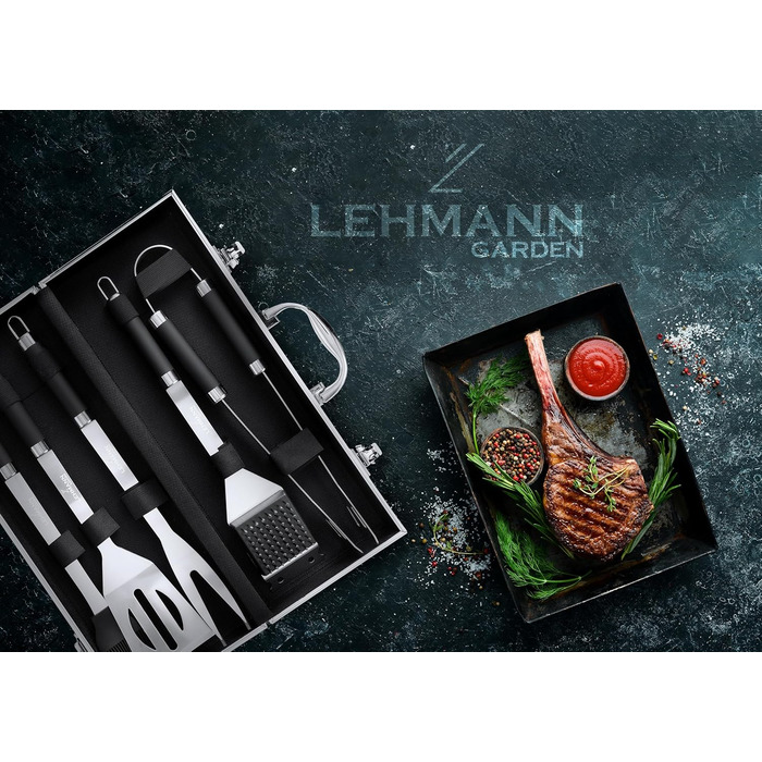 Набір гриль-посуду Lehmann з нержавіючої сталі в кейсі | Комплект аксесуарів для гриля з лопаткою, виделкою та щипцями | Ідеальний подарунок для чоловіків та жінок