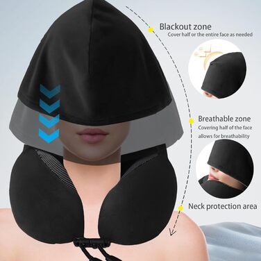 Подушка для шиї Memory Foam | Подушка для подорожей в літаку з 95% світлозахистом, регульована підтримка шиї, Travel Pillow для подорожей, офісу та сну на боці (Чорний)