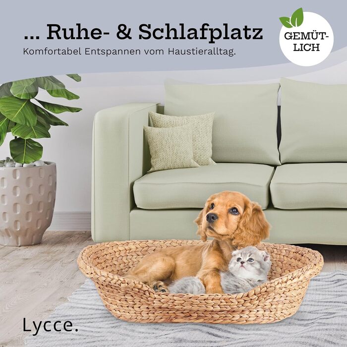 Клітка-ліжко для котів та маленьких собак | Овальна форма з високим бортиком | Матеріал: ротанг (Водяна гіацинт) | Розмір: 72 x 56 x 17 см | Знімний наволочка, прання при 30°C