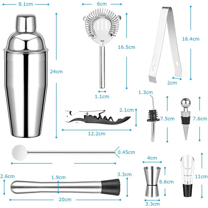 Набір для коктейлів GOLDGE 12 предметів: шейкер 750 мл, міксер, аксесуари для бару з нержавіючої сталі для дому та бару