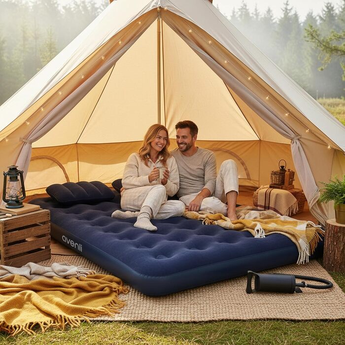 Надувний матрац для кемпінгу AVENLI з 2 подушками та насосом для 2 осіб (203x152x22 см) - зручне ліжко для відпочинку та подорожей