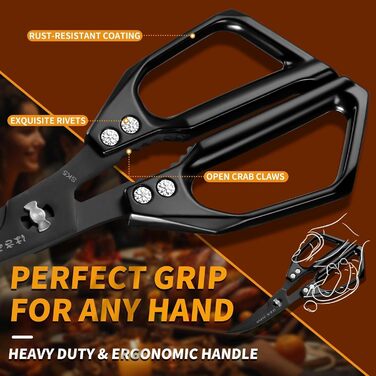 Набір кухонних ножиць DRAGON RIOT чорного кольору: професійний набір з ножицями для морепродуктів та кухонними ножицями, гострі японські ножиці для м'яса, крабів, креветок, омарів, трав та приготування їжі