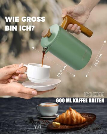 Poliviar French Press Coffee Maker 600 ml/21oz, Double-Walled Insulated Coffee Pot and Tea Maker, Manual Filter Coffee Press with Plunger & Wooden Handle, Flatland (Green) JX2024-SFPN-DE
