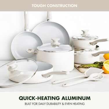 Набір кухонного посуду GreenPan Dover Healthy Ceramic Antihaft, 12 предметів, без PFAS, придатний для миття в посудомийній машині, зручні ручки, кремово-білий