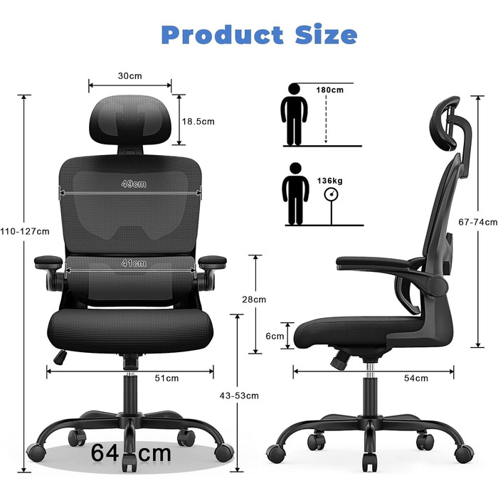 Офісний стіл Bürostuhl: ергономічне крісло з регульованою підголівником, підлокітниками та підтримкою попереку для дому та офісу