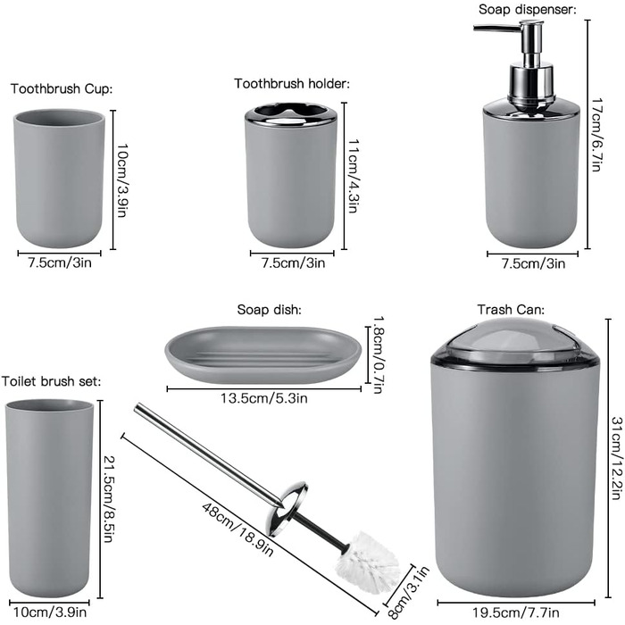 Набір аксесуарів для ванної кімнати Otostar сірого кольору: бамбук, тримач для ватних паличок, дозатор мила, тримач для зубних щіток, миска для мила, тримач для унітазу, сміттєвий бак, пластик (6 предметів)