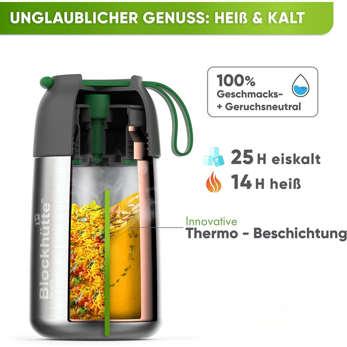 Термоконтейнер для їжі Blockhütte 530 мл, нержавіюча сталь, дитячий ланчбокс, BPA-free, без витоку, з антивакуумним клапаном, придатний для миття в посудомийній машині (сріблястий)