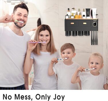 IHave Toothbrush Holder Wall-Mounted, Bathroom Toothbrush Holder with Toothpaste Dispenser, 3 Cup Toothbrush Holder with Drawer, Large Capacity Toothbrush Organizer Bathroom (4 Cups, Black Gold)
