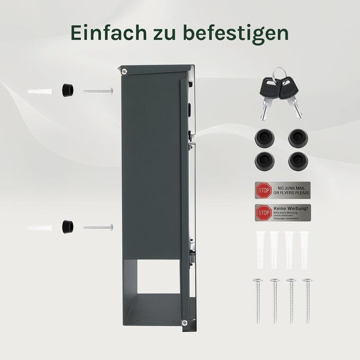 Поштова скринька WOLTU XXL з газетницею, оглядовим вікном, замком та 2 ключами, антрацит+жовтий (10,5x37x37 см)