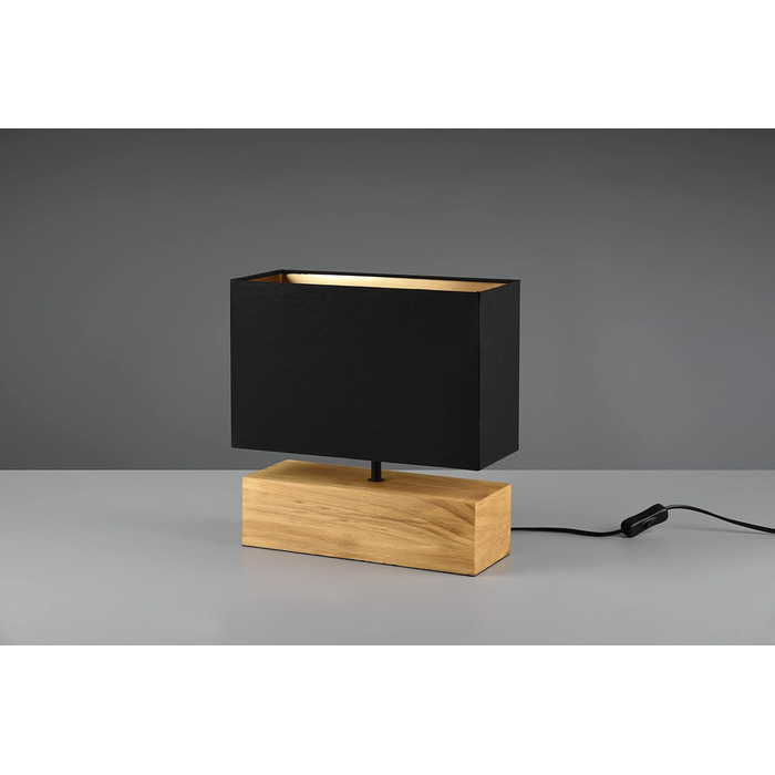 Настільна лампа Reality Leuchten Woody, чорний матовий метал, дерев'яний підставник, тканинний абажур чорного/золотого кольору, без плафона, E27, 30x12 см