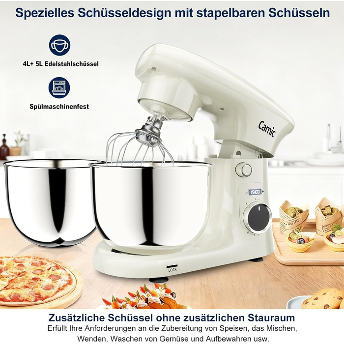 Кухонна машина Camic з 3 насадками (гак, міксер, вінчик), планетарний міксер з LED-дисплеєм, 10 швидкостей, 2 чашами з нержавіючої сталі 4Л та 5Л, для тіста, хліба, піци та тортів (Білий)