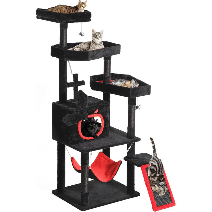 Кігтеточка YITAHOME Готичний XL, 160 см, велика та стійка, з 4 колонами з сизалю, 1 дощечкою для шліфування, гамаком, 2 підвісними кулями-павуками, платформами для сну, чорна, 48 x 60 x 160 см