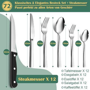 12-Piece Cutlery Set, HaWare 72-Piece Cutlery Set with Steak Knives, Stainless Steel Cutlery Set with Knife Fork Spoon, Elegant Flatware for Home/Restaurant/Party, Dishwasher Safe