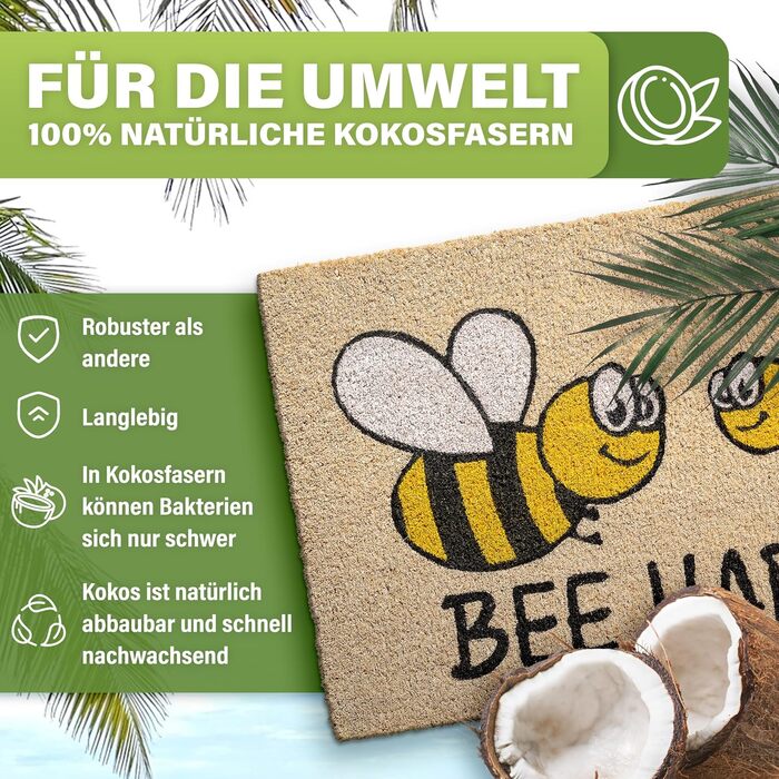 Коврик для підлоги з кокосового волокна, вологостійкий, 40x60 см Bee Happy