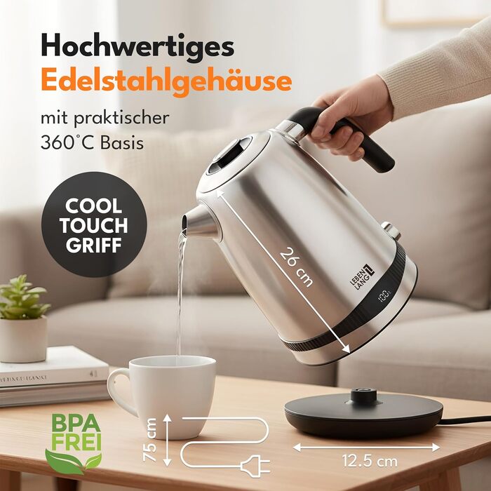 Чайник електричний LEBENLANG з нержавіючої сталі з регулюванням температури, тихий, з дисплеєм та функцією підтримання тепла - 1,7 л, 2200W, ретро без пластику