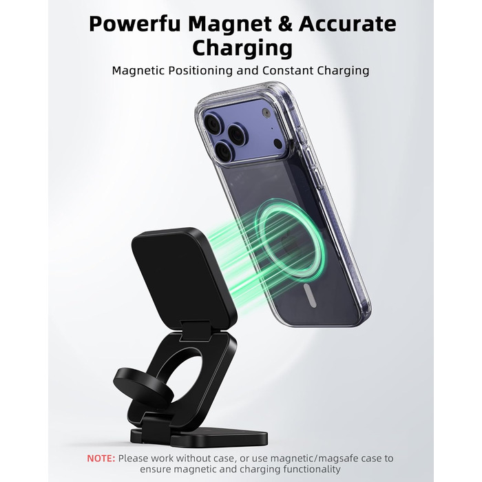 Зарядний пристрій KU XIU X55 Turbo Qi2.2 25W 3-в-1 для Apple Watch, iPhone 17-12 та AirPods, магнітний складаний стенд, адаптер 45W (Чорний)