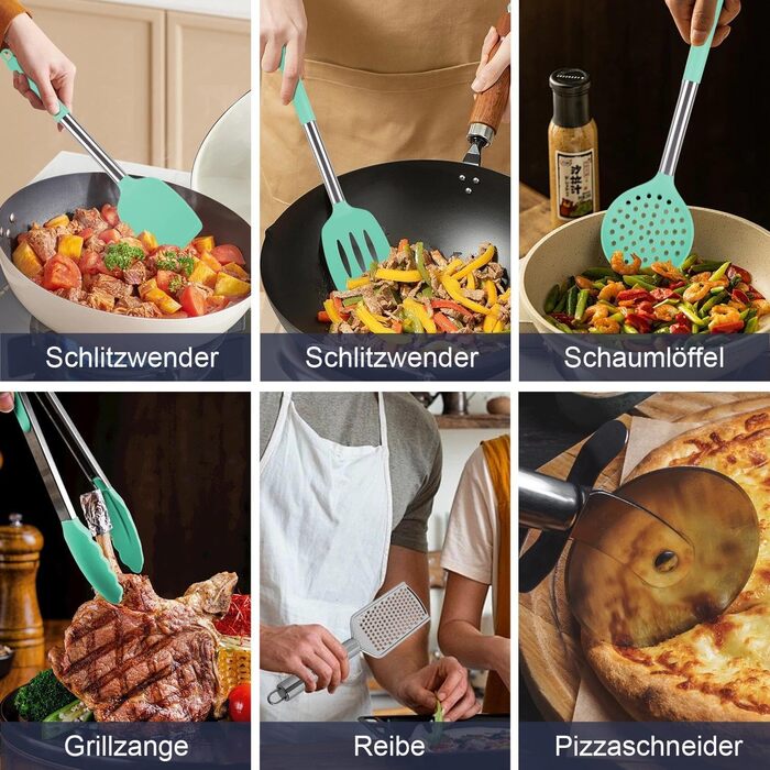 Набір кухонних помічників 45 предметів: силіконове кухонне приладдя, тримач, вінчик з нержавіючої сталі, половник, лопатка, придатне для миття в посудомийній машині, колір блакитний