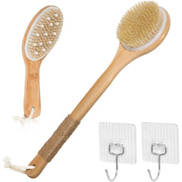 Набір з 2 шт. щітки для сухого масажу тіла, щітка для спини та душу з довгою ручкою, щітка для лімфодренажу, натуральна щетина для пілінгу та лімфодренажу, масажна щітка для тіла