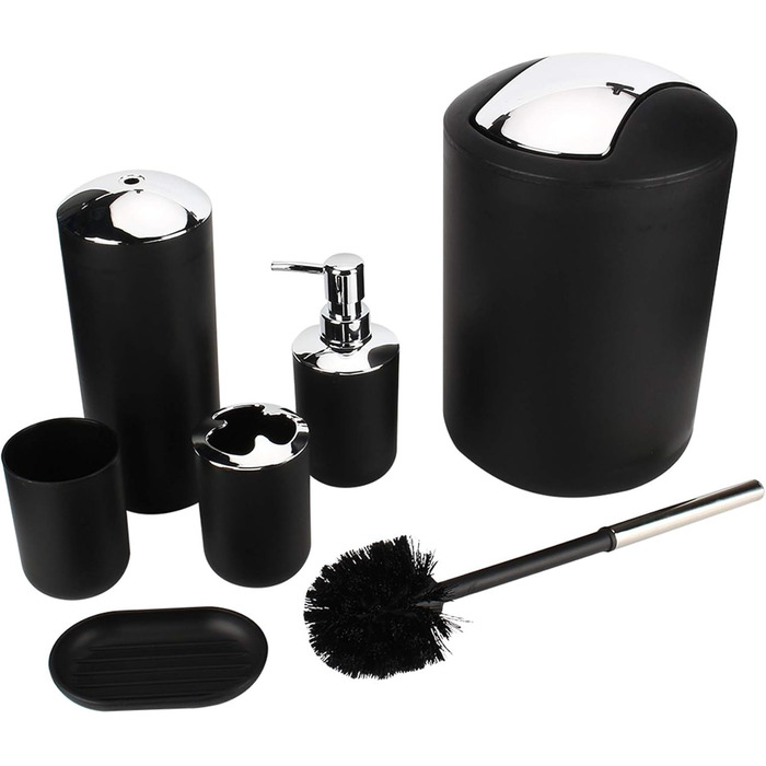 Набір аксесуарів для ванної кімнати Icegrey: 6 предметів, чорний (дозатор для рідкого мила, тримач для зубних щіток, стакан, мильниця, тримач для туалетного йоржика, сміттєвий контейнер)