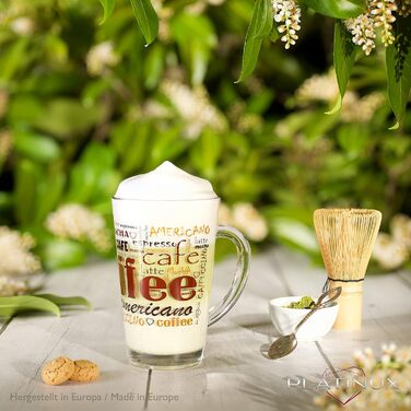PLATINUX Coffee Glasses with Motif, max. 350ml, Set of 6, Glass Latte Macchiato Glasses with Handle, Cappuccino Glasses