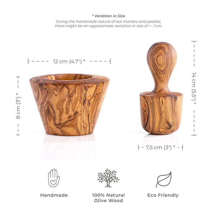 Olive Wood Mortar Set - Ø 12 cm, H 11 cm - Handmade, Ergonomic, Vintage, Eco-Friendly & Durable, Multifunctional, Decorative, Gift Idea (TH)