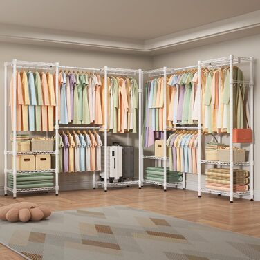 Тeleskopна штанга Himimi для одягу з 4 перекладинами та 6 регульованими полицями, 1 гачок, телескопічна система полиць B (175-230) x H180 см, адаптована для різних приміщень (білий)