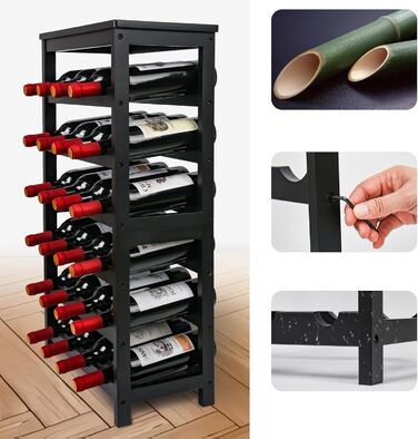 Wine Rack for 24 Bottles, Bottle Rack with 6 Tiers, Bamboo Wine Stand for Cellar, Bar and Kitchen, Living Room, Bottle Rack 41 x 24 x 81 cm, Black