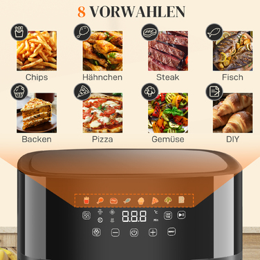 Фритюрниця HOMCOM з гарячим повітрям на 8 літрів (Airfryer) з 8 попередніми налаштуваннями, таймером на 60 хвилин, технологією 360° циркуляції гарячого повітря, потужністю 1700 Вт, без використання олії, з захистом від перегріву, LED-сенсорною панеллю упр