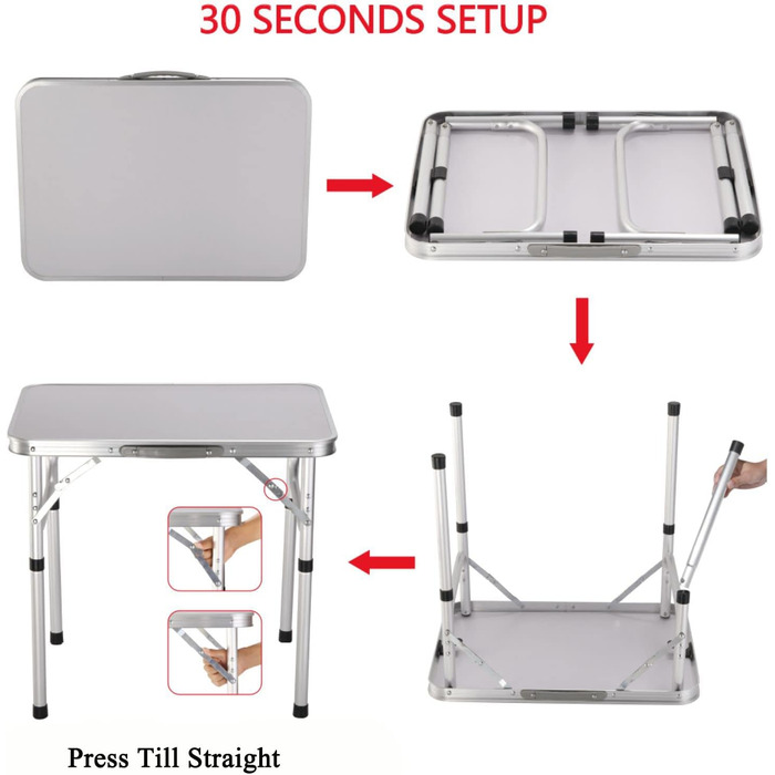 Складаний стіл 60 см: портативний, для кемпінгу, пікніка, саду, відпочинку на природі. Алюмінієвий каркас, регульована висота. Розміри: 60 x 45 x 25,9 см (Д x Ш x В). Білий