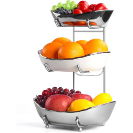Керамічна фруктова ваза OdoVow на 3 яруси з металевим підставкою, для кухні, обіднього столу, вечірок та десертів