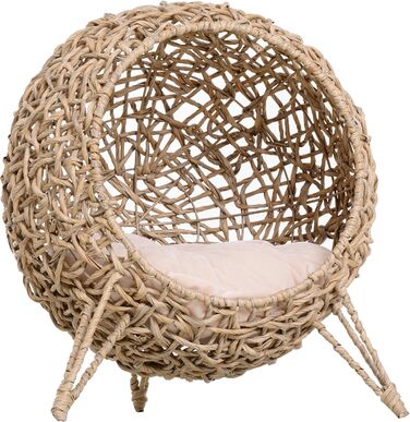 PawHut Rattan Cat House with Cushion, Cat Sleeping Place, Cat Cave with Raised Feet, Natural Ø52 x 58 cm