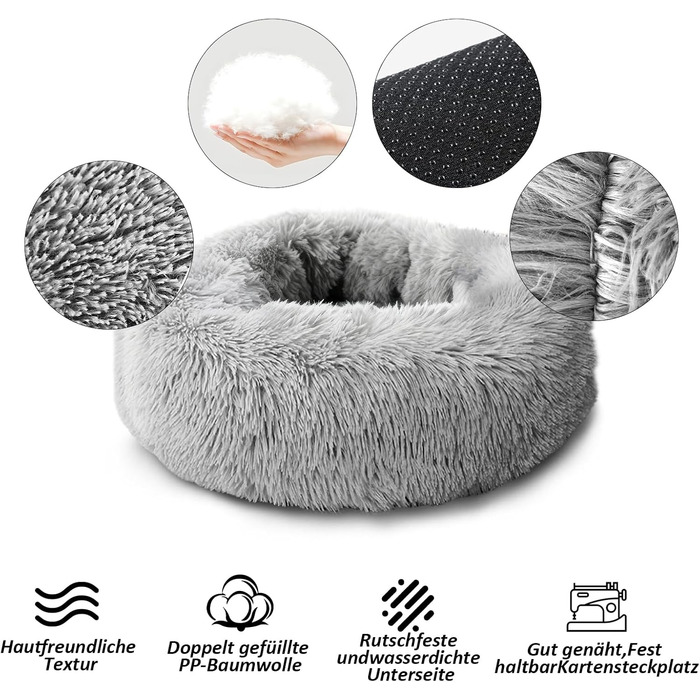 Кругле ліжко для собак та котів Caliyo, середнього розміру, 70 см (діаметр), світло-сіре, м'яке, знімний чохол, для прання та сушіння