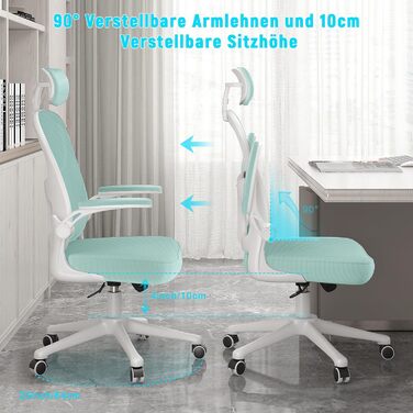 Офісний стілець Naspiro з регульованими підлокітниками, ергономічний, з сітчастою спинкою, підтримкою попереку, регульованою висотою, м'яким сидінням, поворотний на 360°, (зелений, з підголовником)