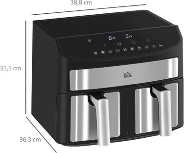 HOMCOM 8L Hot Air Fryer with Double Chamber, Air Fryer with 10 Programs, 2400W Air Fryer with Touchscreen, Recipe Book, Oil-Free, Black