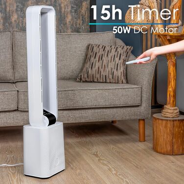 Тиха та потужна колонка-вентилятор Tower Fan з дистанційним керуванням, LED-дисплеєм, 3 режимами та таймером 15 годин (Granada White)