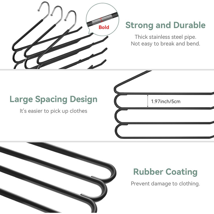 Набір вішалок для штанів, джинсів, краваток та шарфів, нержавіюча сталь, протиковзкі, 3 шт., чорний