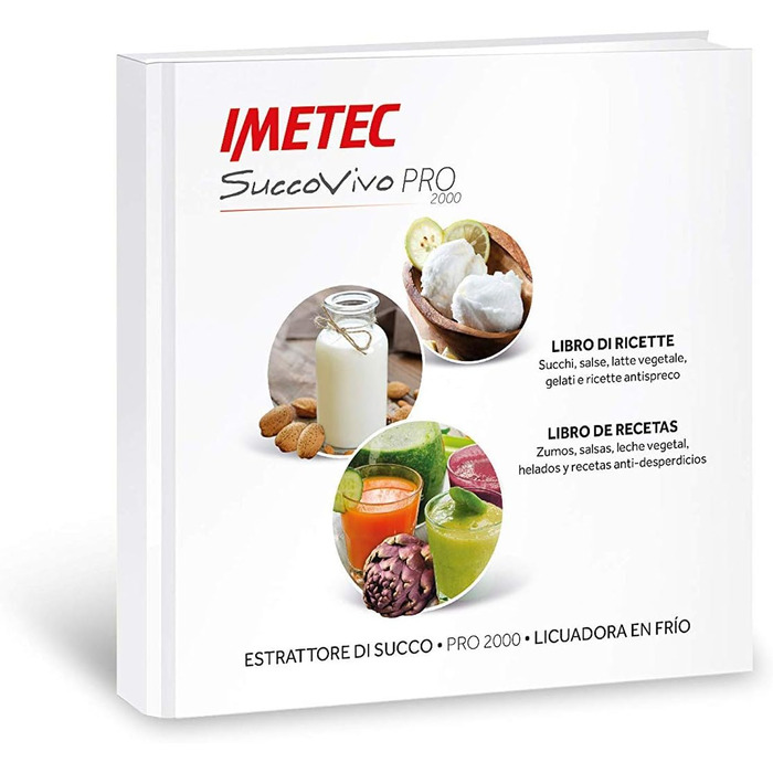 Imetec Succovivo Pro 2000 Professional Cold Juicer with slow press, 48 RPM, 2 filters for juice, accessories for granite and sorbets, set for beauty masks with two recipe booklets