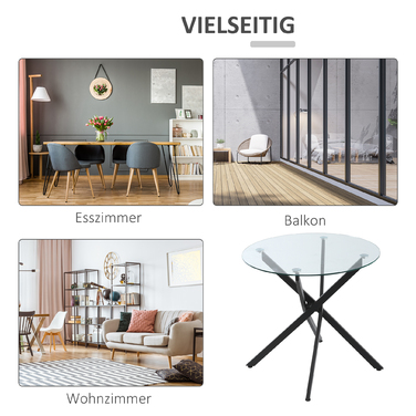 HOMCOM Modern Glass Dining Table, 80 cm Diameter, Kitchen Table with Tempered Glass Top and Metal Legs, for 4 People