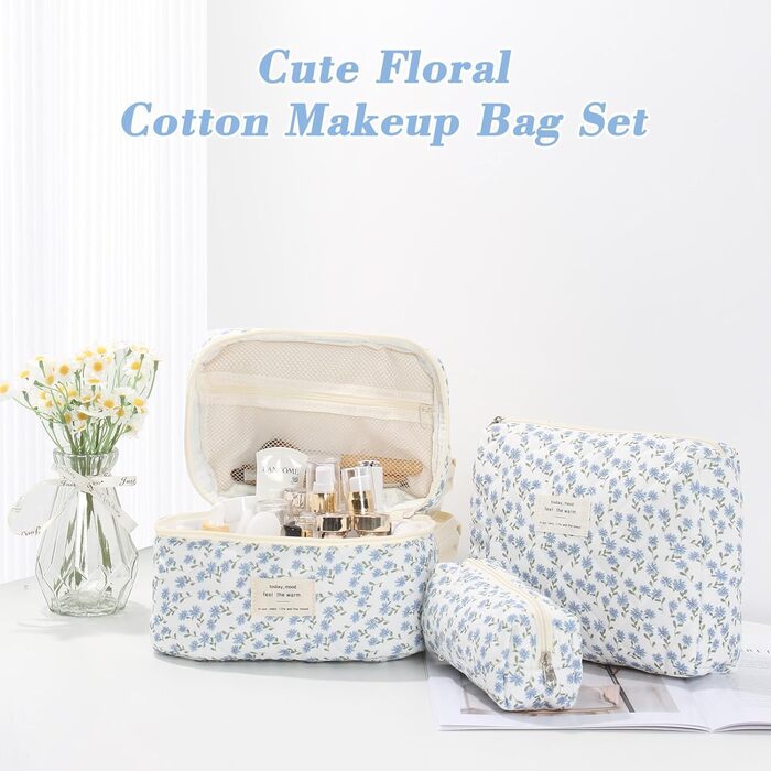 Набір косметичок 3 шт. з квітковим візерунком, дорожні та повсякденні | Косметичка для макіяжу для жінок та дівчат (Блакитний Павич)